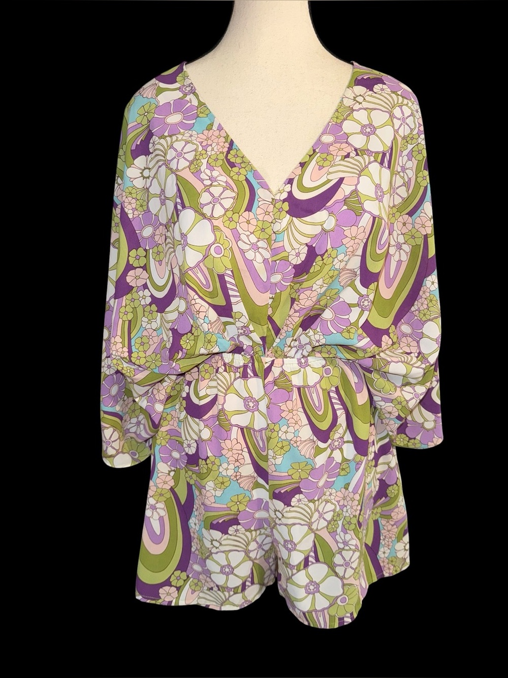 Aakaa Floral Psychedelic Romper Womens Small Boho Batwing Sleeve Open Back Tie